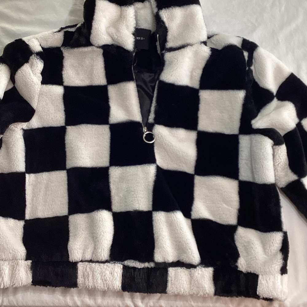 Forever 21 Black and White Checkered Teddy Jacket